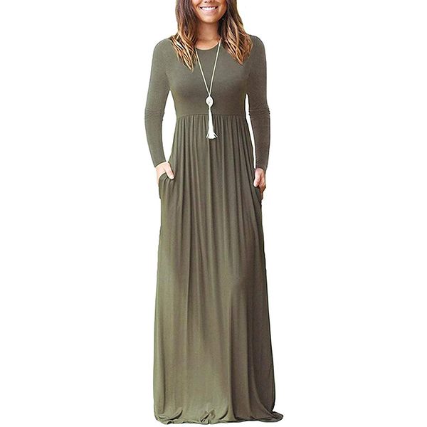 

women's long sleeve round neck loose plain empire waist pleated maxi casual long dresses with pockets, Black;gray