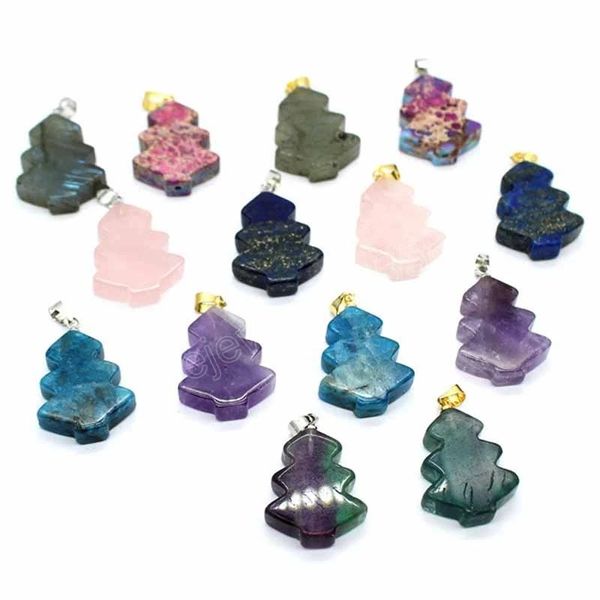 

cute small tree shape charm reiki natural crystal stone pendant for jewelry making amethysts pink quartz pendulum christmas gift, Bronze;silver