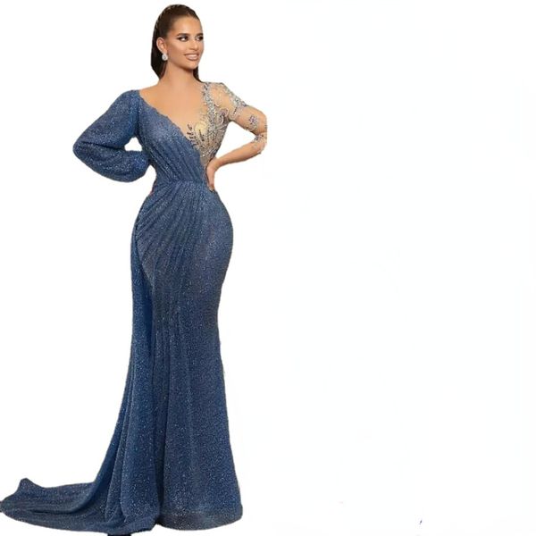 

ups new blue evening dresses jewel neck beaded sequined lace long sleeve mermaid prom dress sweep train custom illusion robes de, Black;red