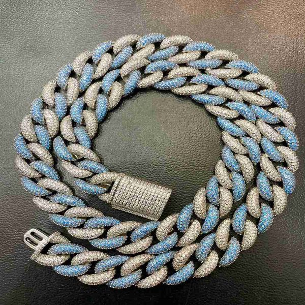 

hip hop jewelry 14mm white blue 2 tone round moissanite diamond miami cuban link chain in 925 silver