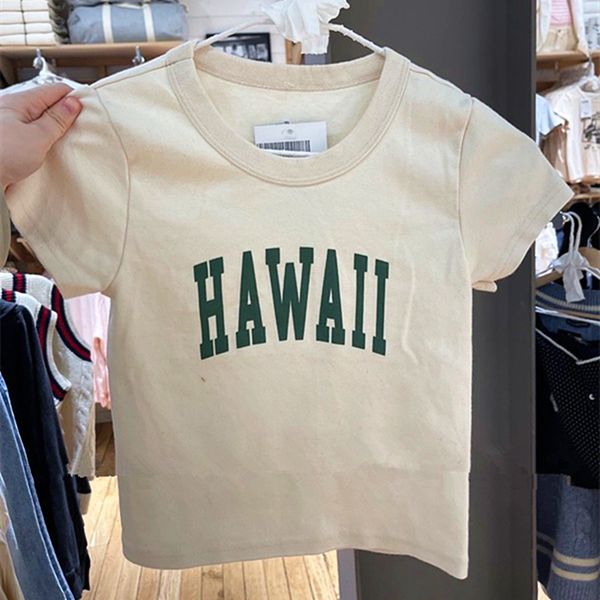 

new summer apricot cotton hawaii crop skinny mini t shirts american style vintage street women girl korean, White