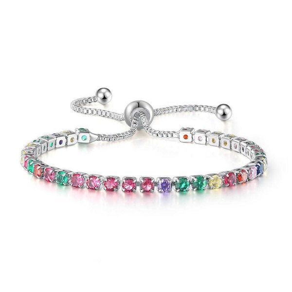 

trendy women girls luxury multicolor zircon adjustable bracelet fashion rainbow color tennis, Silver
