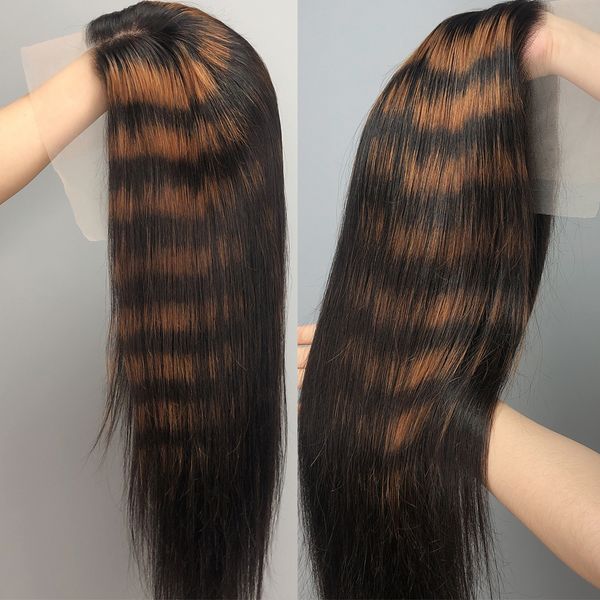 

straight highlight hd lace frontal wig brown lace front human hair wigs colored glueless pre plucked human wig, Black;brown