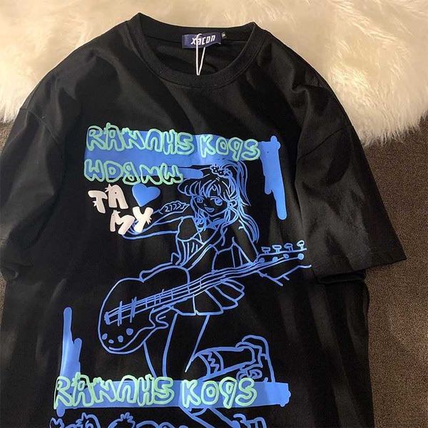 

100% pure cotton sweet girl anime graphic t shirts black white kawaii clothes 2022 summer large 2xl harajuku japanese tees