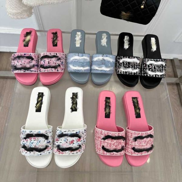 

luxurys shoes paris tweed slipper slides girl women fashion classic black sandals heatshoes platform gear bottoms beach wedges mules slipper