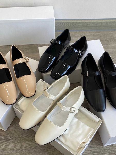 

new the row full leather mary jane shoes small square toe shallow cut women's shoes flat sole single shoe, Black