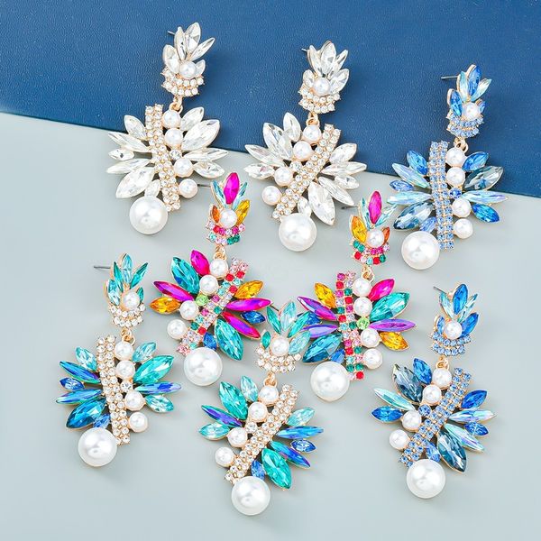 

fashion metal rhinestone faux pearl geometric dangle earrings party luxury jewelry women's charm earrings, Silver