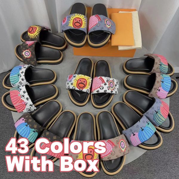 

23ss new pool pillow flat comfort mule designer slippers embroidered monogram leather fashion sandals slides flat summer beach casual slippe, Black