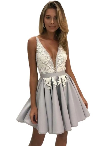 

gorgeous silver arabic homecoming dresses with white lace a-line deep v-neck short graduation gowns chic cocktail dress for party wear, Blue;pink