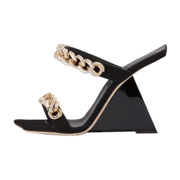 

2023 spring new dress party wedding shoes womens slippers high heels metal chain shaped heel sandals designer shoe size 43, Black