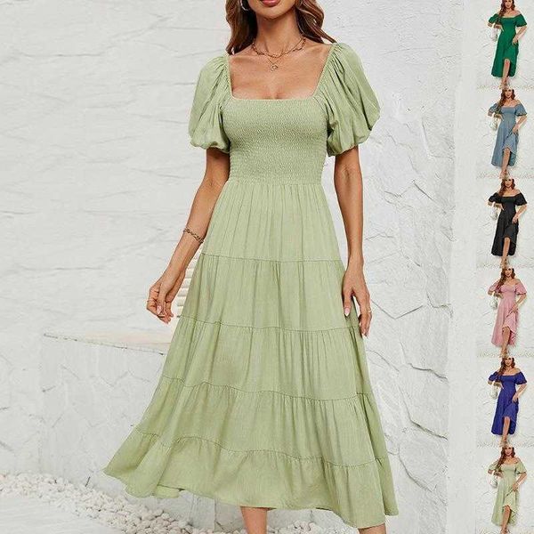 

summer square collar backless puff sleeve dress polyester women, Black;gray