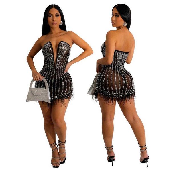 

fashion womens wear casual dresses way sleeveless chest wrapped rhinestone feather dress for women, Black;gray