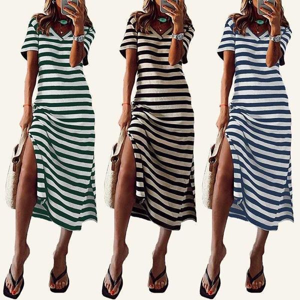 

split dress for women summer striped short sleeve slimming wholesale, Black;gray