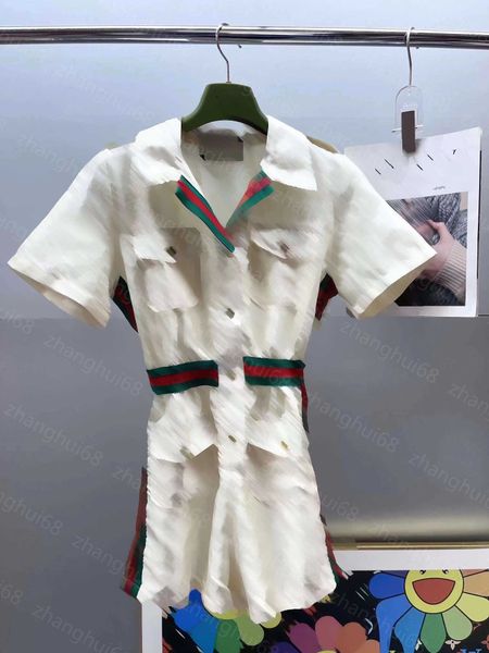 

23ss women jumpsuits womens designer clothing lapel ribbon patchwork logo jacquard short sleeve jumpsuit women clothes, Black;white