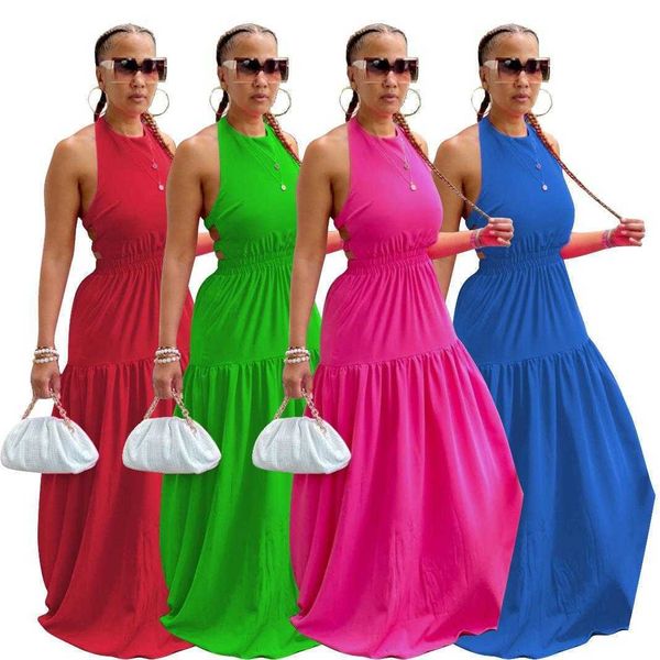 

womens dress solid color sleeveless backless long skirt summer, Black;gray