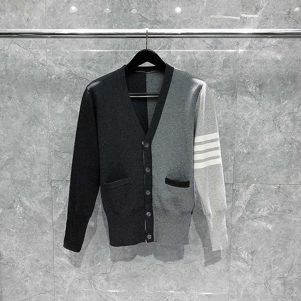 

time breate tb contrast color cardigan white four bar everyday versatile v-neck coat trend, White;black