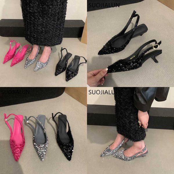 

summer sandals new bling women sandal fashion pointed toe shallow slip on ladies elegant slingback shoes med heel pumps 230511, Black