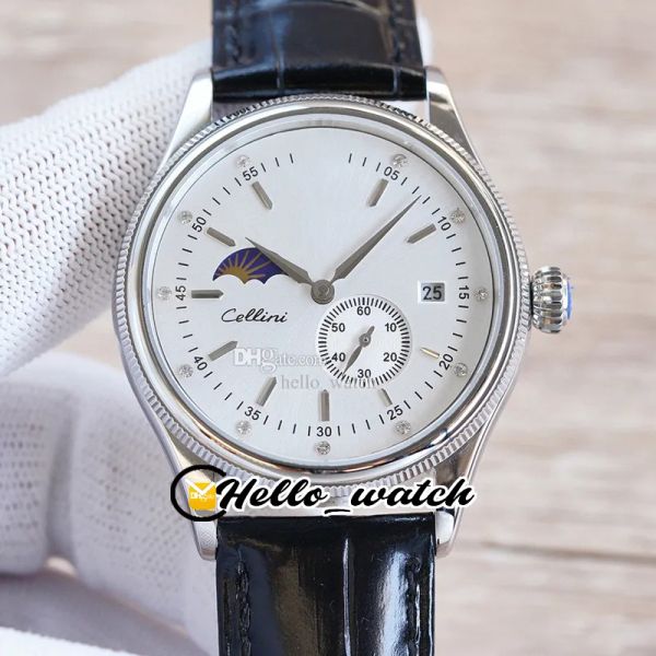 

new 39mm cellini time automatic m50515-0011 m50535-0002 mens watch white dial phase moon fluted double bezel steel case leather strap watche, Slivery;brown