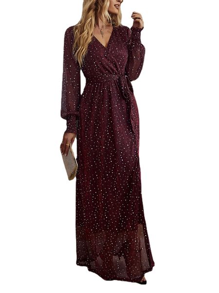 

women long sleeve v neck maxi printed dress, Black;gray