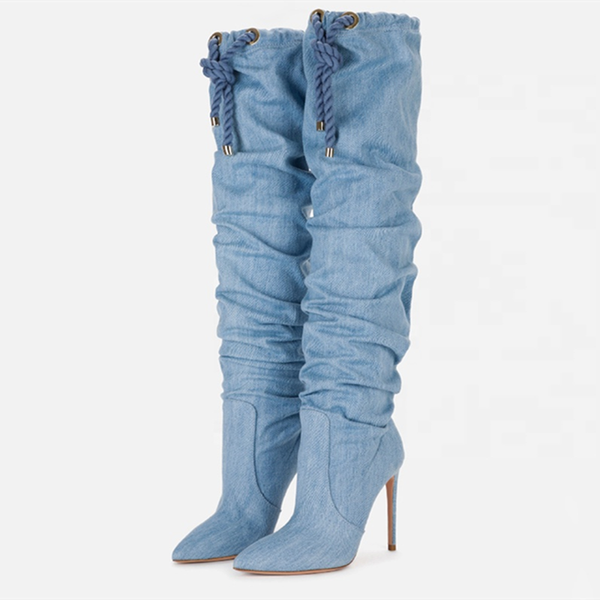 

casual solid blue denim boots women pointed toe pleated thin high heel knee high boots lace up winter fashion shoes plus size 43, Black