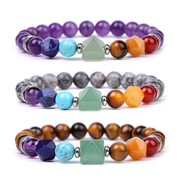 

8mm natural stone green aventurine pyramid bracelet 7 chakra gemstone bead elastic bracelet for men women, Black
