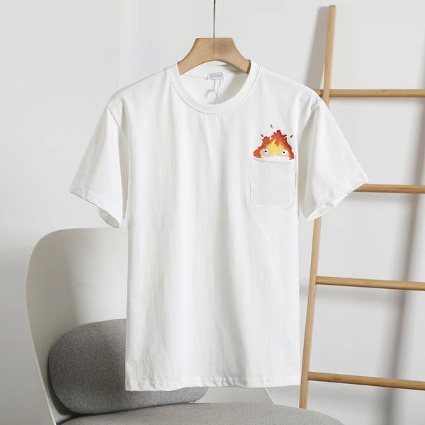 

low2023we casual shirt luxury quality with embroidery logo moving castle plain knit round neck t-shirt flame embroidery logo short sleeve, White