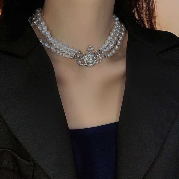 

strands strings west empress dowager diamond inlaid pearl necklace multi-layer light luxury bracelet ins cold wind planet neck clavicular ch, Silver