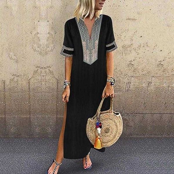

womens plus size summer short sleeve dress bohemian printed, Black;gray