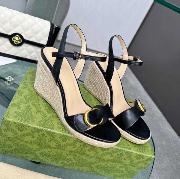

designers wedge sandals women straw raffia woven platform espadrille genuine leather high heels 8cm double g sandal summer beach wedding sho, Black