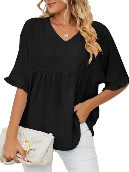 

women short sleeve v neck solid chiffon, White