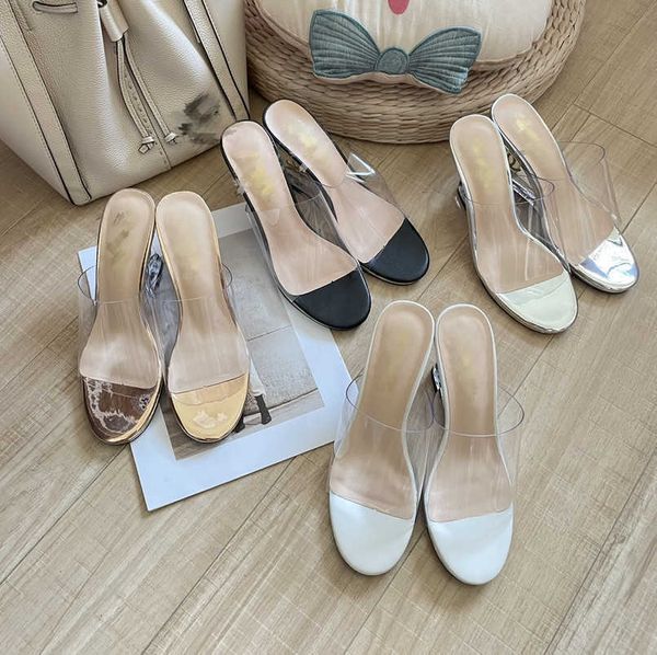 

20s gold interlocking c slippers crystal high heels wedges summer logo women shoes wide transparent clear heeded mules pumps sandals metalli, Black