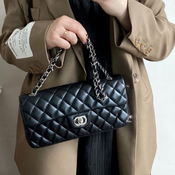 

designer luxury goods womens zipper shoulder bag metal chain cowhide crossbody bags rhombic lattice sewing thread black lambskin