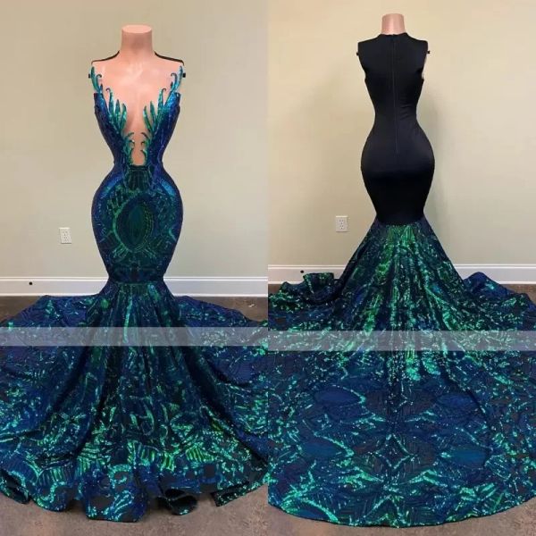 

green sparkly sequin long mermaid prom dresses sleeveless african black girls mermaid formal evening gala gowns custom c0417