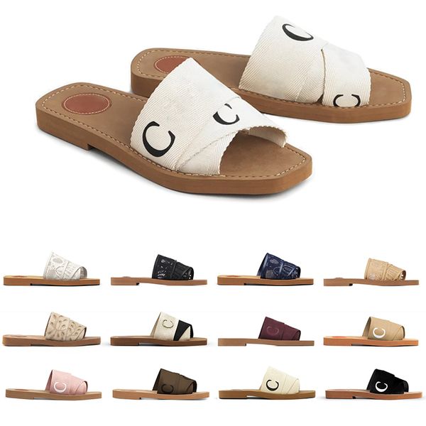 

designer woody sandals for women mules flat slides light tan beige white black pink lace lettering fabric summer outdoor shoes