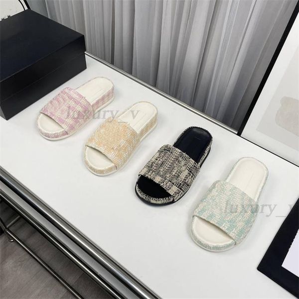 

designer women slippers camellia mules candy color sandals knitted embroidered leather slipper summer beach flip flops, Black