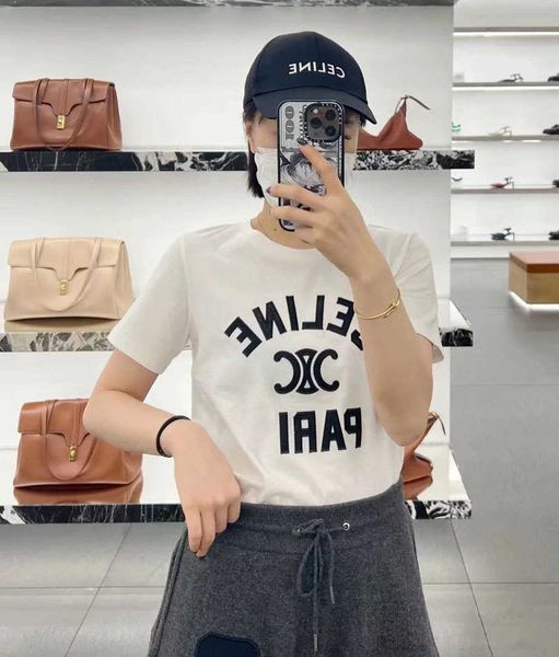 

secondhair early spring new ce patch embroidery women's box short sleeve t-shirt letter round neck top, White