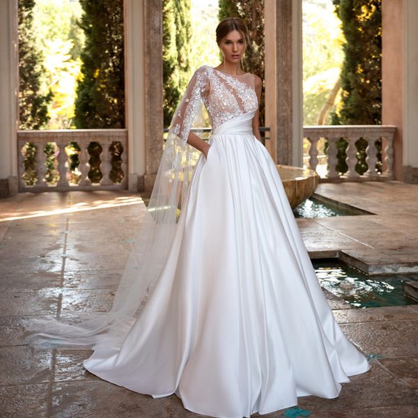 

boho wedding dress 2023 for women one shoulder lace appliques satin bridal party gowns exquisite vestidos de novia custom made, White