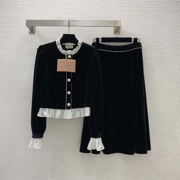 

23ss skirt set women designer clothes ruffle panel long sleeve round neck short long sleeve with high waist long skirt suit women clothes, White