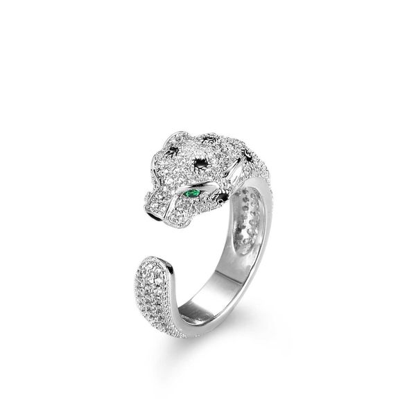 

high-quality card full diamond 925 sterling silver ring leopard head emerald inlaid with mosonite open single