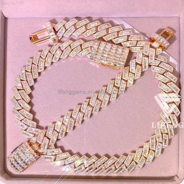 

mixed inlay of bugaette and circular moissanite stones 20 mm yellow or rose gold hip-hop moissanite cuban link chain, Silver