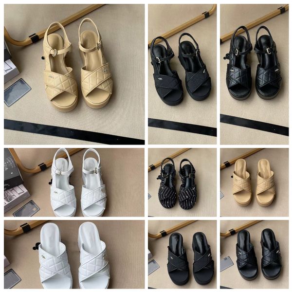

slide designer genuine leather diamond checkered thick sole sandals wedge peep-toe shoe shoes soft thick soled silk fabric beach slippers el, Black