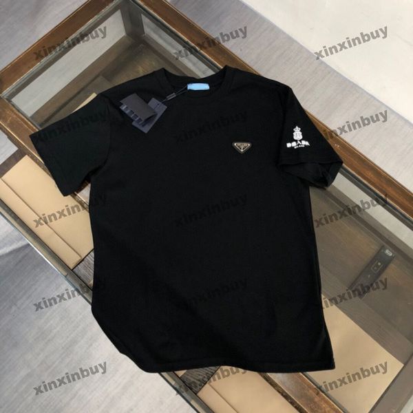 

xinxinbuy men designer tee t shirt 23ss metal triangle label milano print short sleeve cotton women black white m-3xl, Black;brown