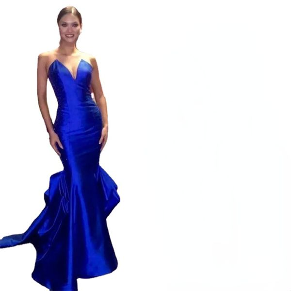 

royal blue satin mermaid evening dresses sleeveless tiered bottom prom gowns sequin beads vestidos de fiesta formal dress, Black;red