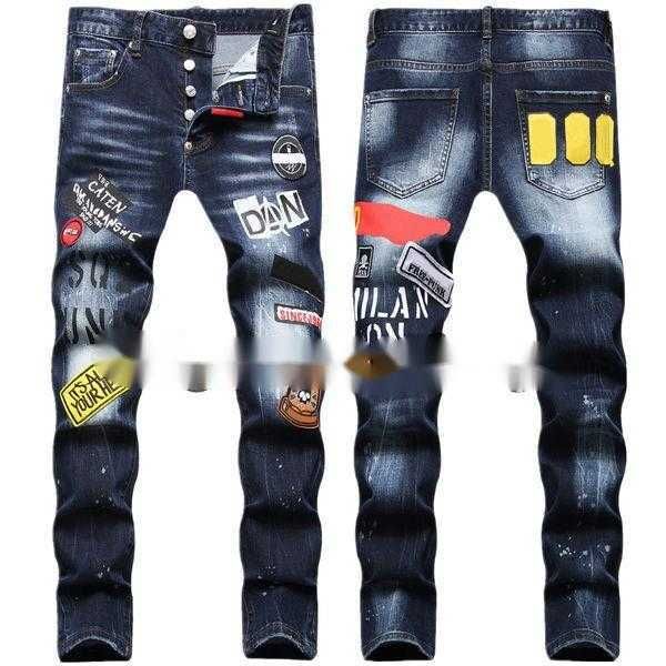 

jeans men hip hop pants street trend zipper chain decoration ripped rips stretch black fashion slim fit washed motocycle denim panelled trou, Blue