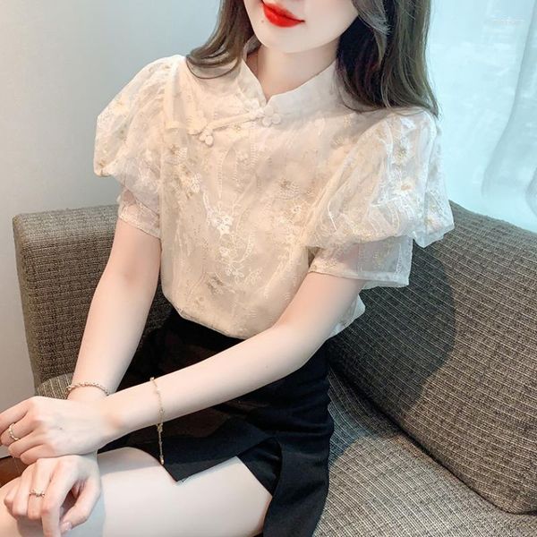 

women's t shirts 2023 summer vintage women chinese style sequined embroidery shirt woman clothes cheongsam short sleeve, White