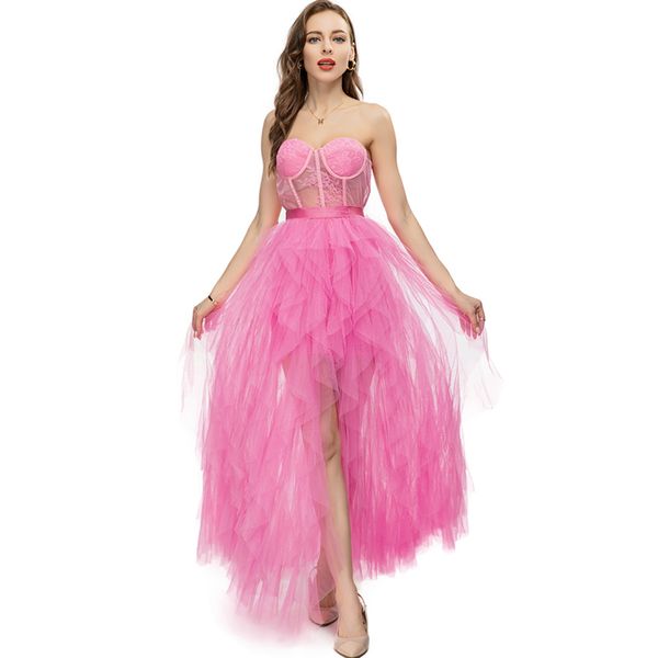 

women's runway designer two piece dress strapless sweetheart bra shirt with aymmetrical ruffles skirt fashion party prom sets, White