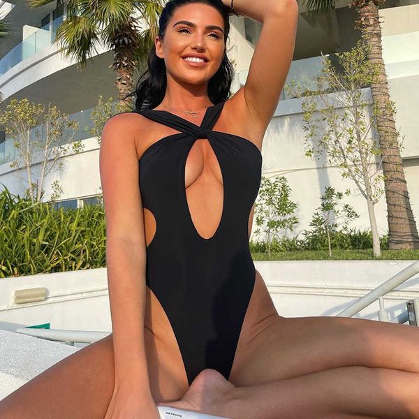 

designer swimwear fashion women halter criss cross swimsuit cut out one piece bathing suit bikini, White;black