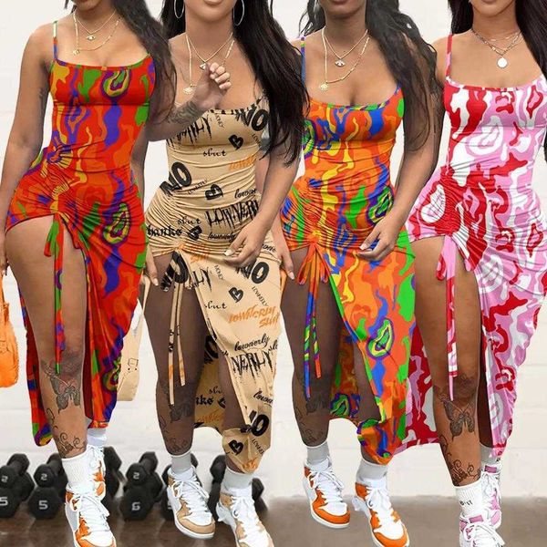 

summer womens clothes dresses backless pleated slit slim fitting printing slip dress, Black;gray