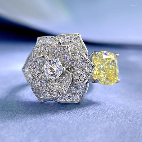 

cluster rings 2023 s925 sterling silver 8 yellow diamond flower cut high grade feeling camellia fashion ring for women, Golden;silver