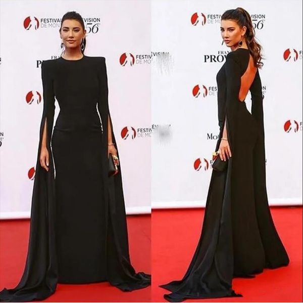 

red carpet formal black evening celebrity dresses jewel neck long sleeve prom gowns hole back mermaid special occasion dress